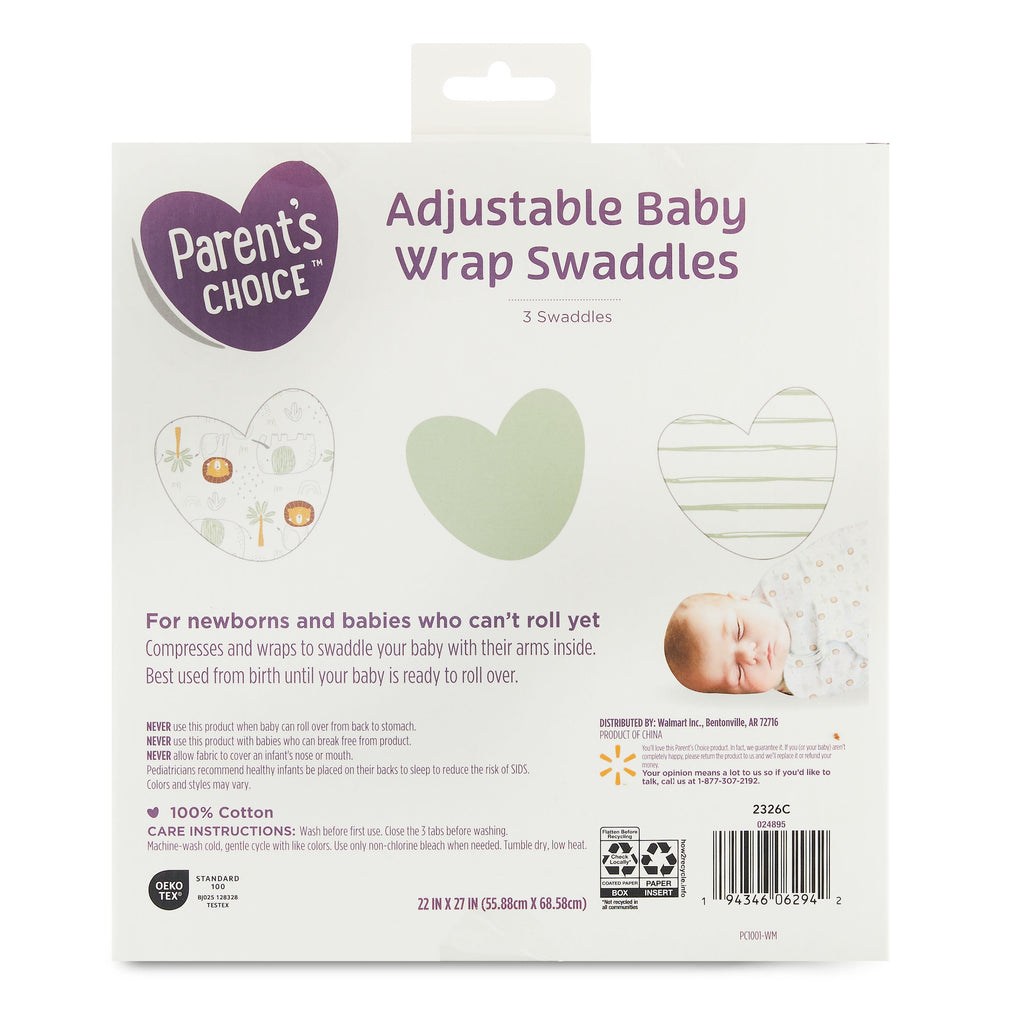 Parent'S Choice 100% Cotton 3-Pack Adjustable Baby Wrap Swaddles for Boys or Girls, Jungle Print, 22" X 27"