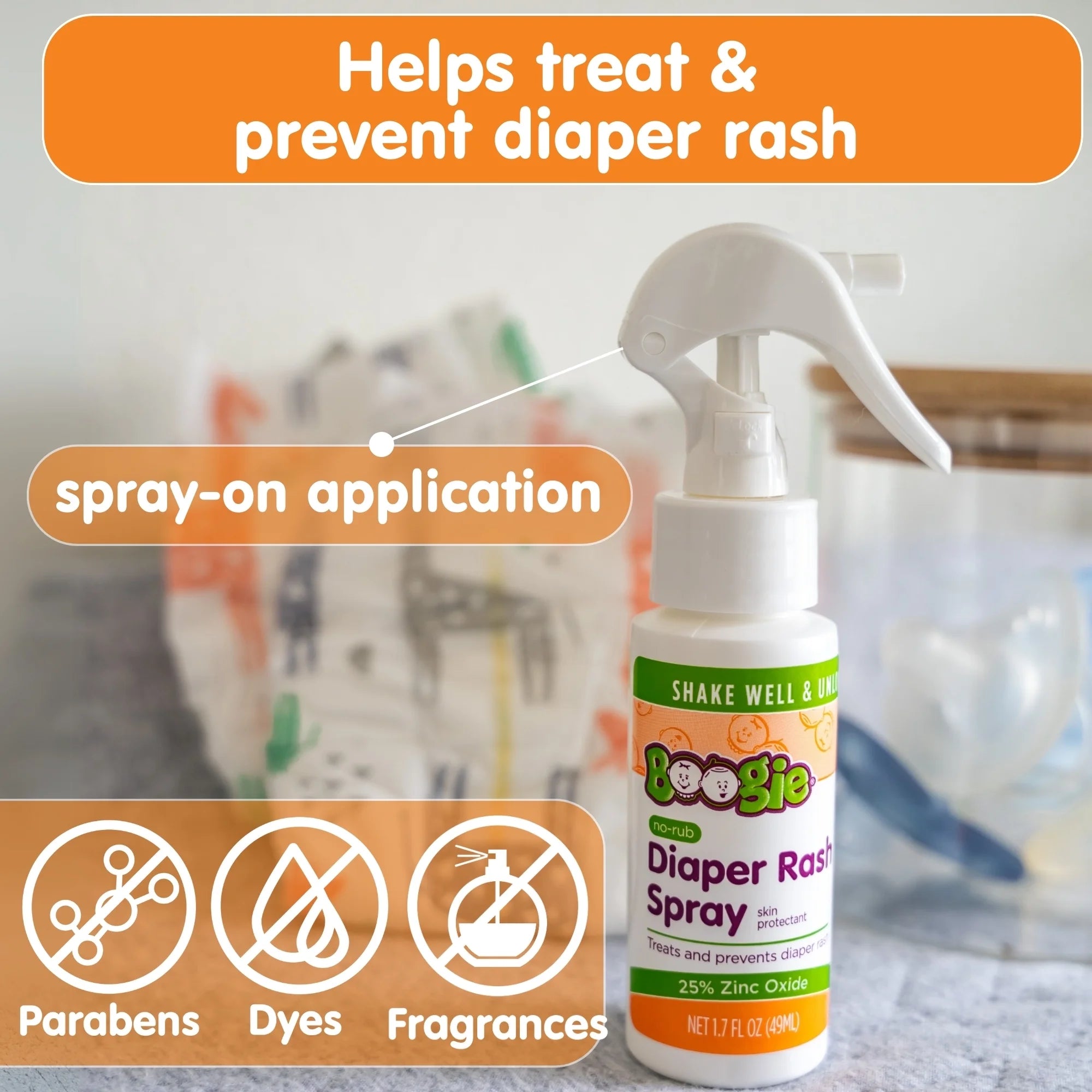 Boogie No-Rub Liquid Diaper Rash Spray with Zinc Oxide, 1.7 Fl Oz