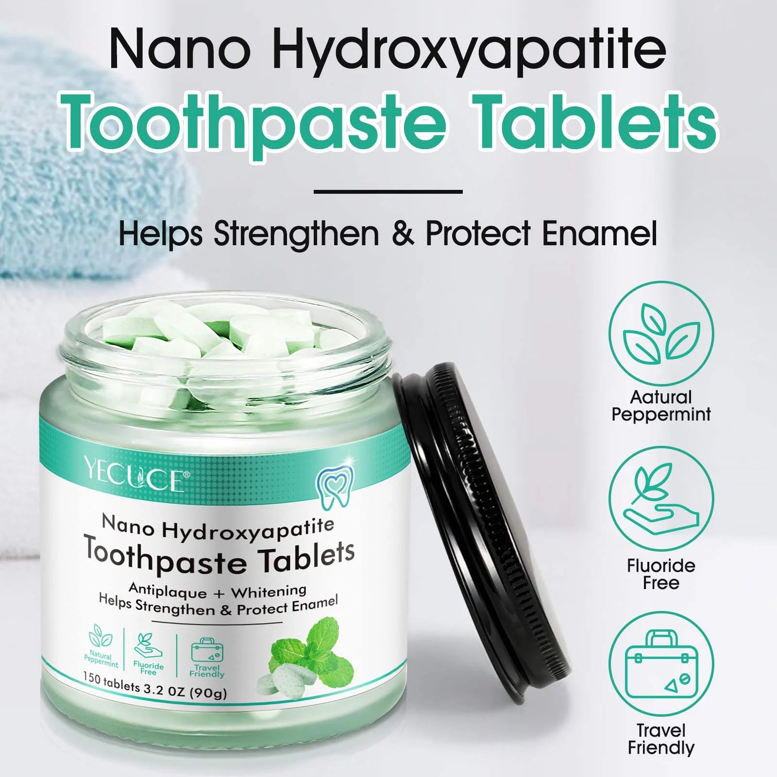 150 Spearmint Tablets , Fluoride Free & Eco Friendly, Travel Mouthwash Tablets, Chewable Toothpaste Tablet 2Pack