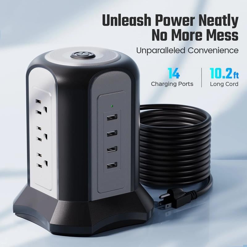 13 Outlets Power Strip Tower, USB C Surge Protector Charging Station, 4 USB Port