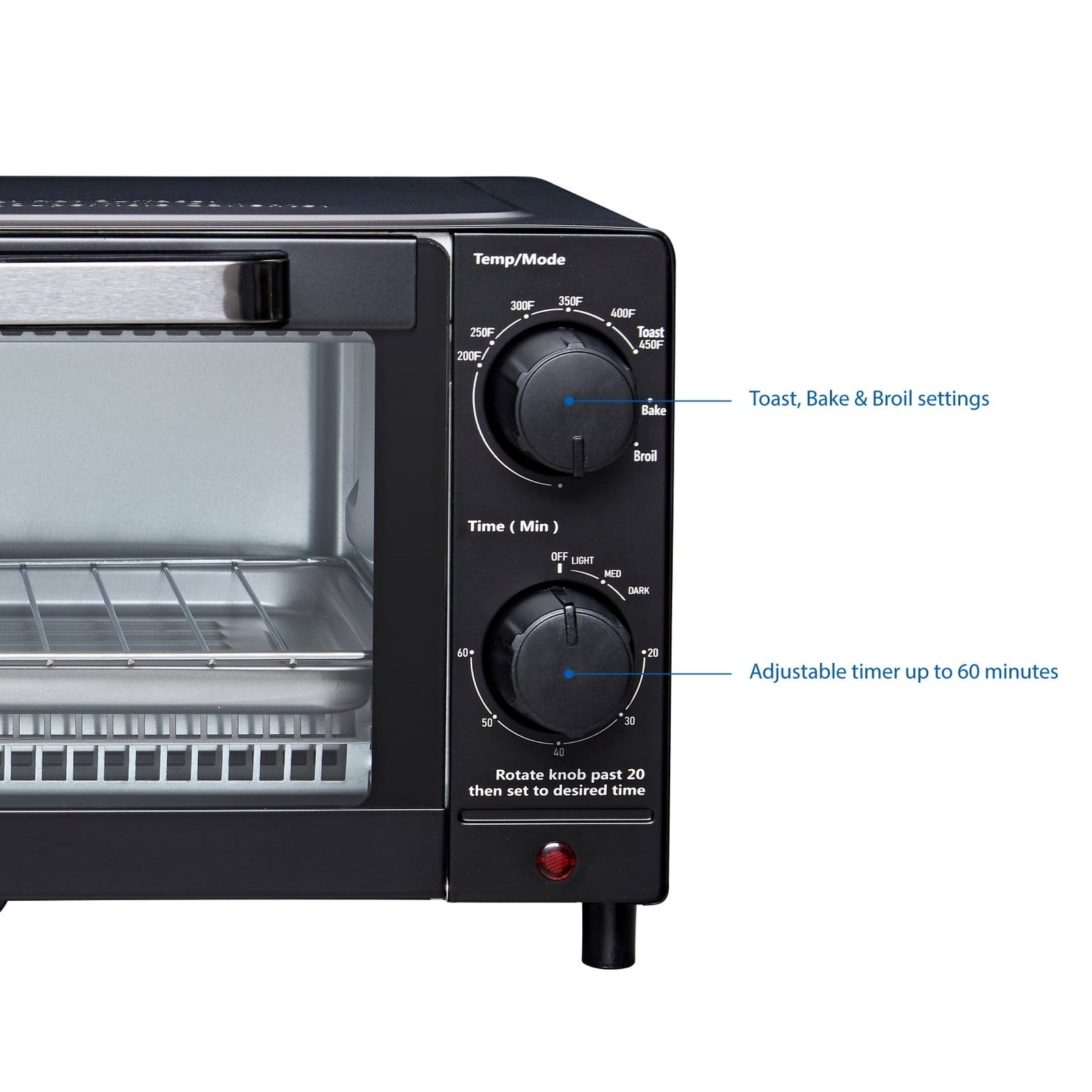 4 Slice Toaster Oven with 3 Settings, Includes Baking Rack and Pan, Black, New