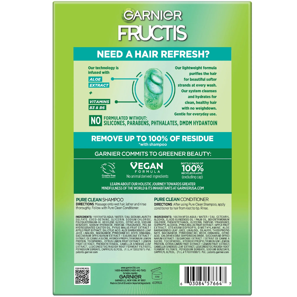Garnier Fructis Pure Clean Smoothing, Straightening, Shampoo, Conditioner, All Hair Types, Everyday Use, 2 Count