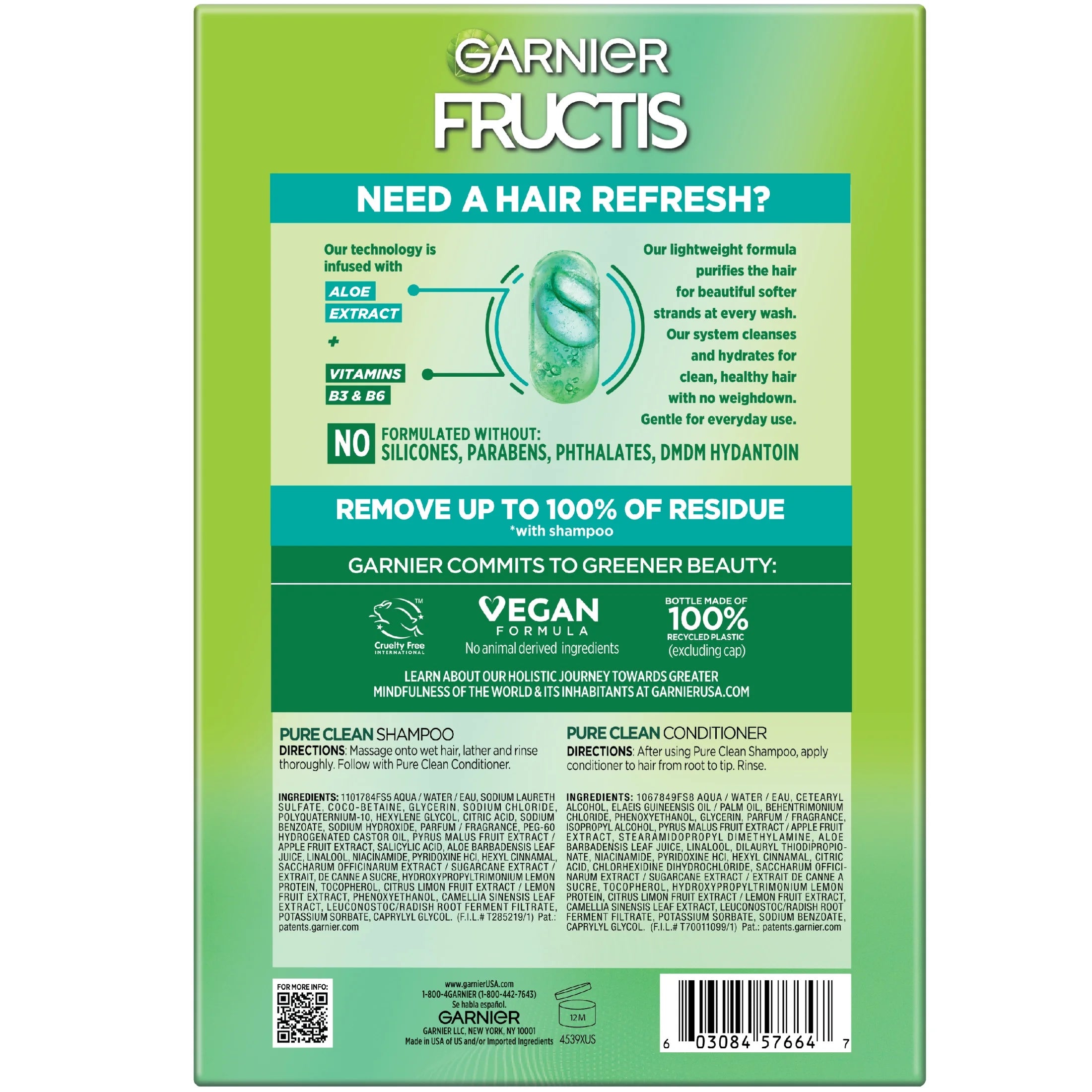 Garnier Fructis Pure Clean Smoothing, Straightening, Shampoo, Conditioner, All Hair Types, Everyday Use, 2 Count
