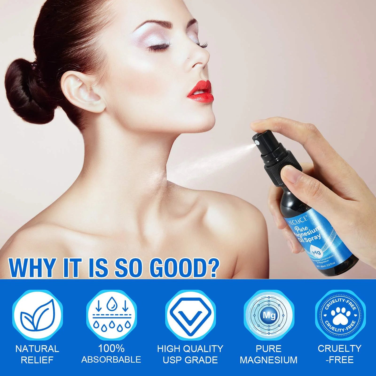 100% Pure & Natural Magnesium Oil Spray, Highly Concentrated Magnesium Oil, Enhances Sleep Quality & Promotes Muscle Relaxation, Easy to Absorb, 60Ml