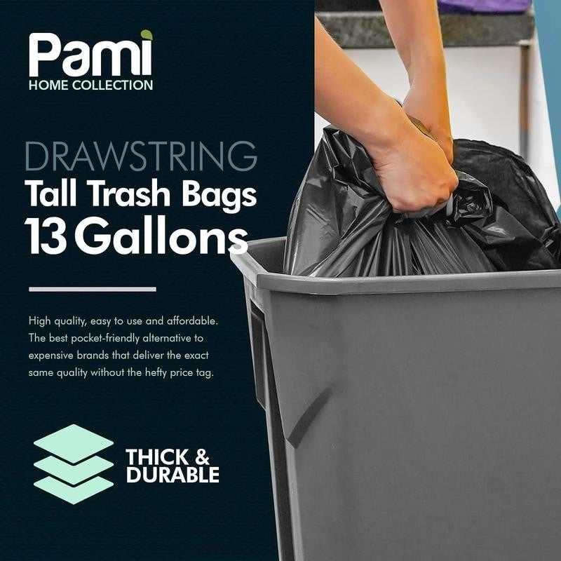 13-Gallon Tall Drawstring Trash Bags, Thick Trash Can Liners Plastic Garbage Bag