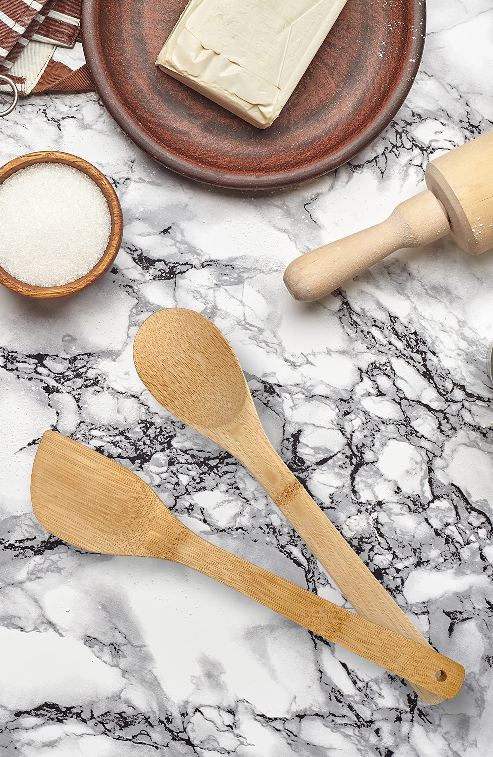 Edge Bamboo Utensils 12 Piece Set Including Caddy for Cooking Slotted Spoon, Turner, Fork, Mint