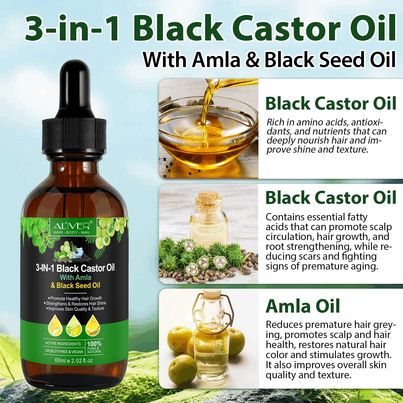 3-IN-1 Black Castor Oil with Amla & Black Seed Oil, 100% Pure & Natural, Hair Care & Skin Care, Organic Cold-Pressed, Cruelty-Free & Vegan, 2.02 Fl Oz