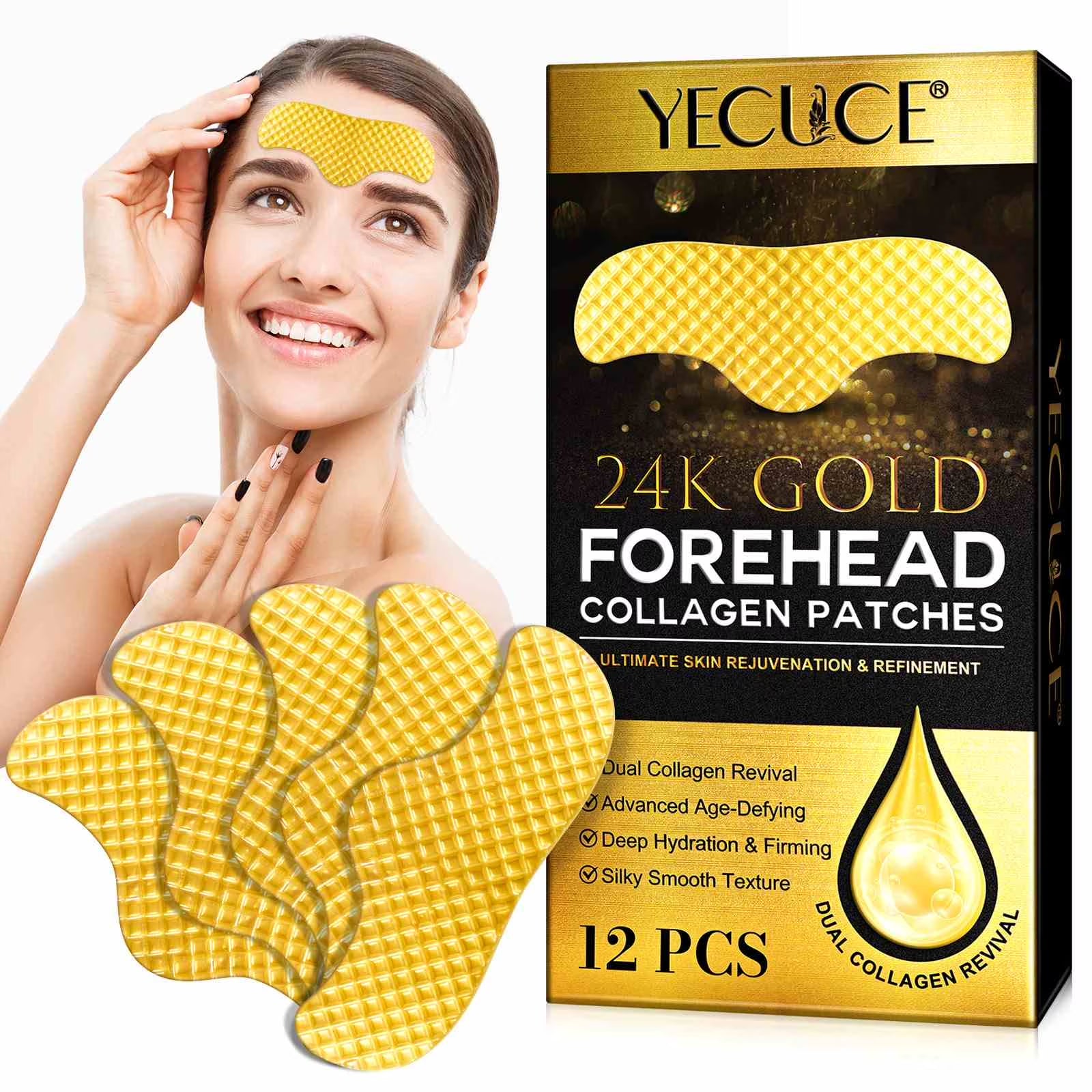 24K Forehead Wrinkle Patches, Collagen Lines Mask with Collagen Boosting Elasticity for Women and Men,12Pcs