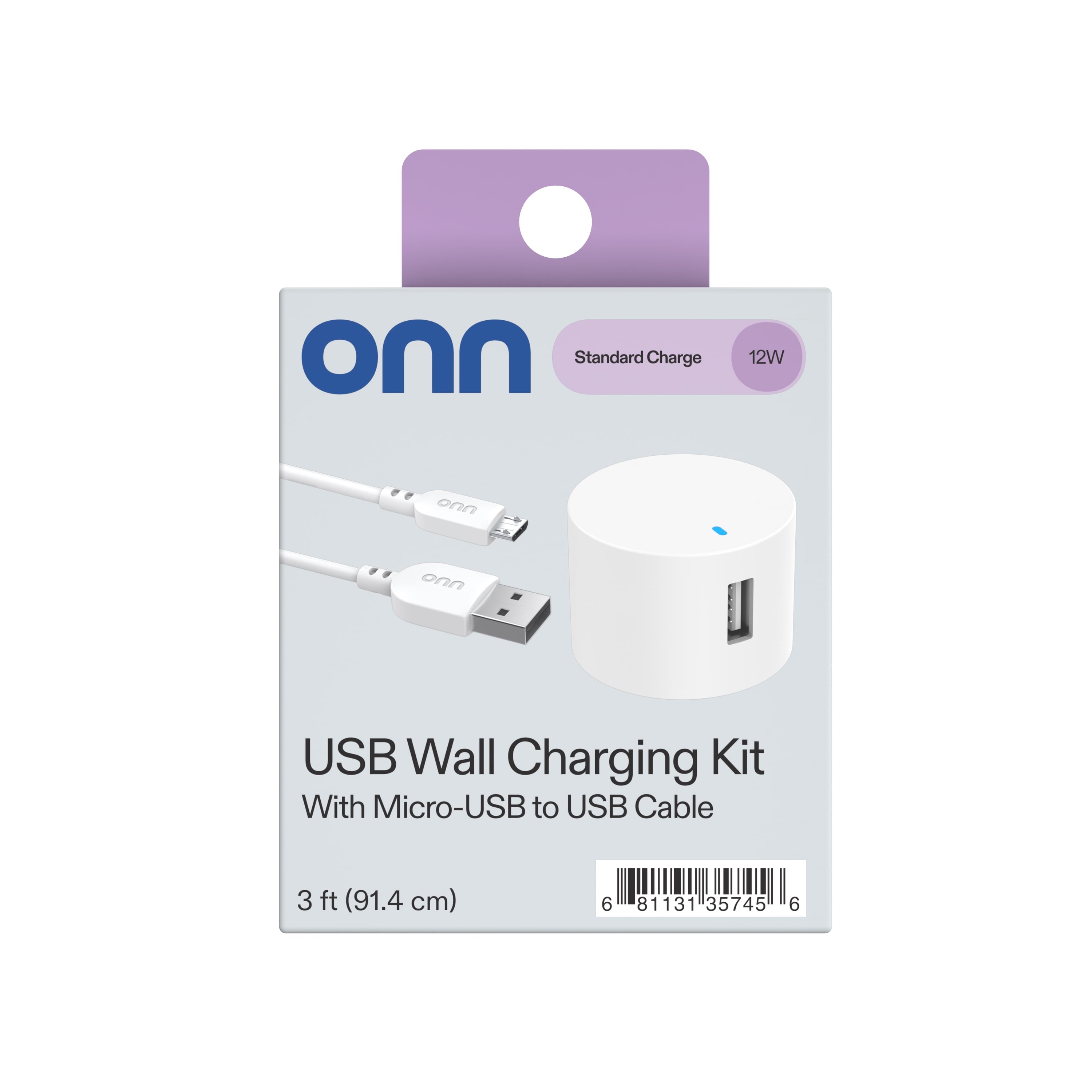 Onn 12W Single USB-A Port Wall Charger with 3Ft Micro-Usb to USB Cable, Foldable Plug, White