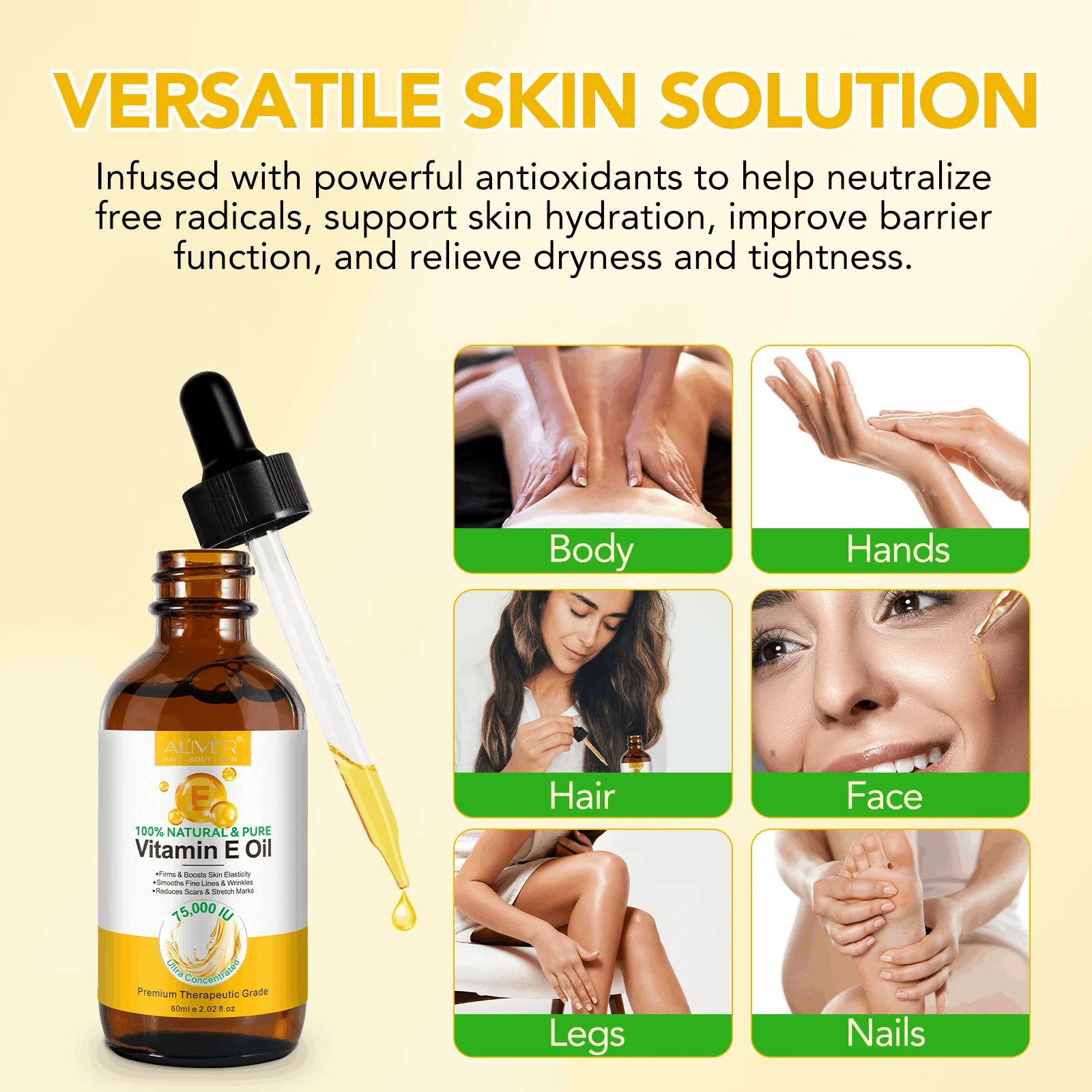 Aliver Vitamin E Oil for Skin, Face, Hair, Body, 75,000 IU, Moisturizing and Firming Skin, 2.02 Fl.Oz (2Pack)
