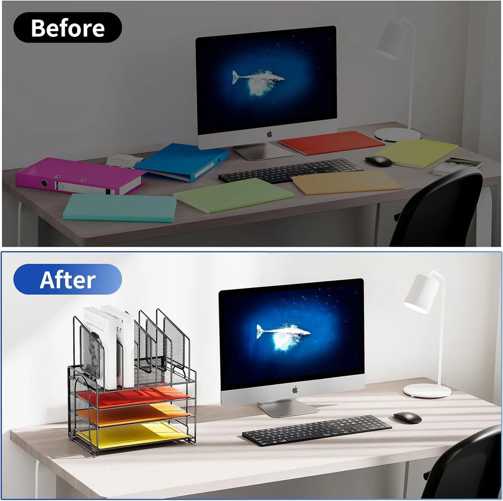 4-Tier Mesh Desk File Organizer,5 Vertical File Holder and Handle for Home Office (New Vertical Holder-Black)