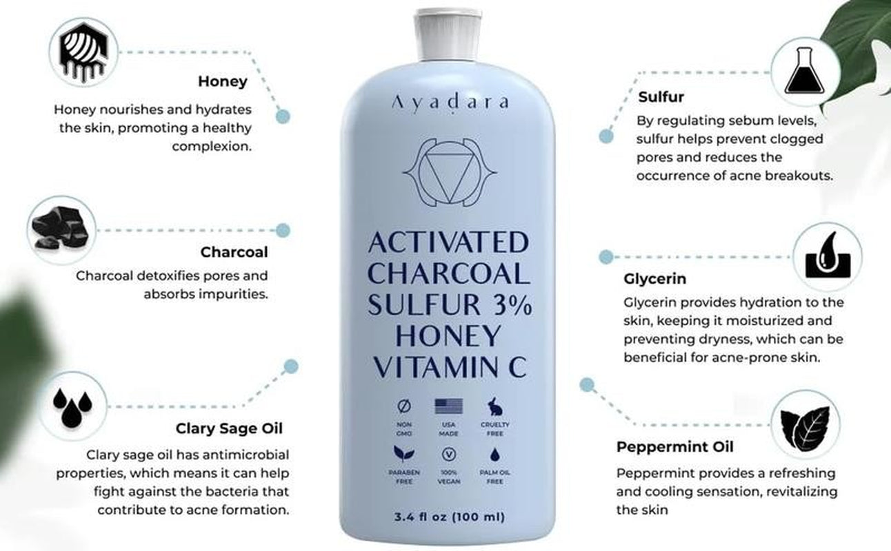 Acne Face Wash with Charcoal & Sulfur, Cystic & Hormonal Acne Cleanser, 8 Fl Oz,
