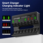 CITYORK 8 Bay Rechargeable Battery Charger with Charging Alert Display，Fast Charging for 1.2V AA AAA Nimh Nicd Rechargeable Batteries with USB Cable