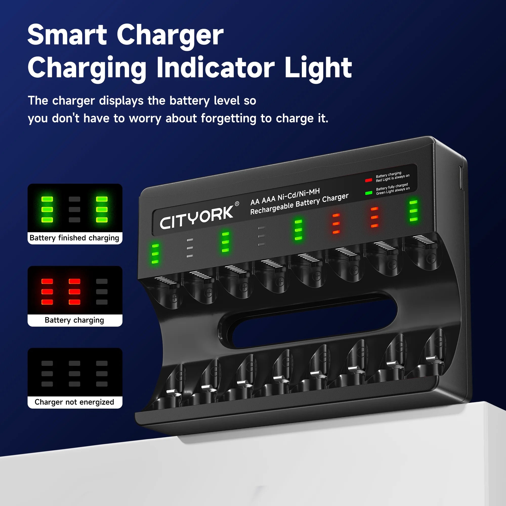CITYORK 8 Bay Rechargeable Battery Charger with Charging Alert Display，Fast Charging for 1.2V AA AAA Nimh Nicd Rechargeable Batteries with USB Cable