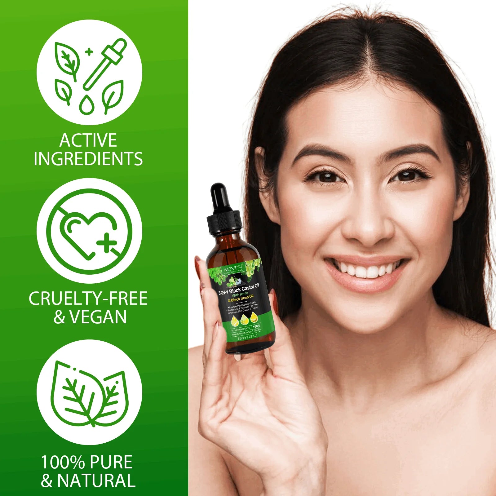 3-IN-1 Black Castor Oil with Amla & Black Seed Oil, 100% Pure & Natural, Hair Care & Skin Care, Organic Cold-Pressed, Cruelty-Free & Vegan, 2.02 Fl Oz