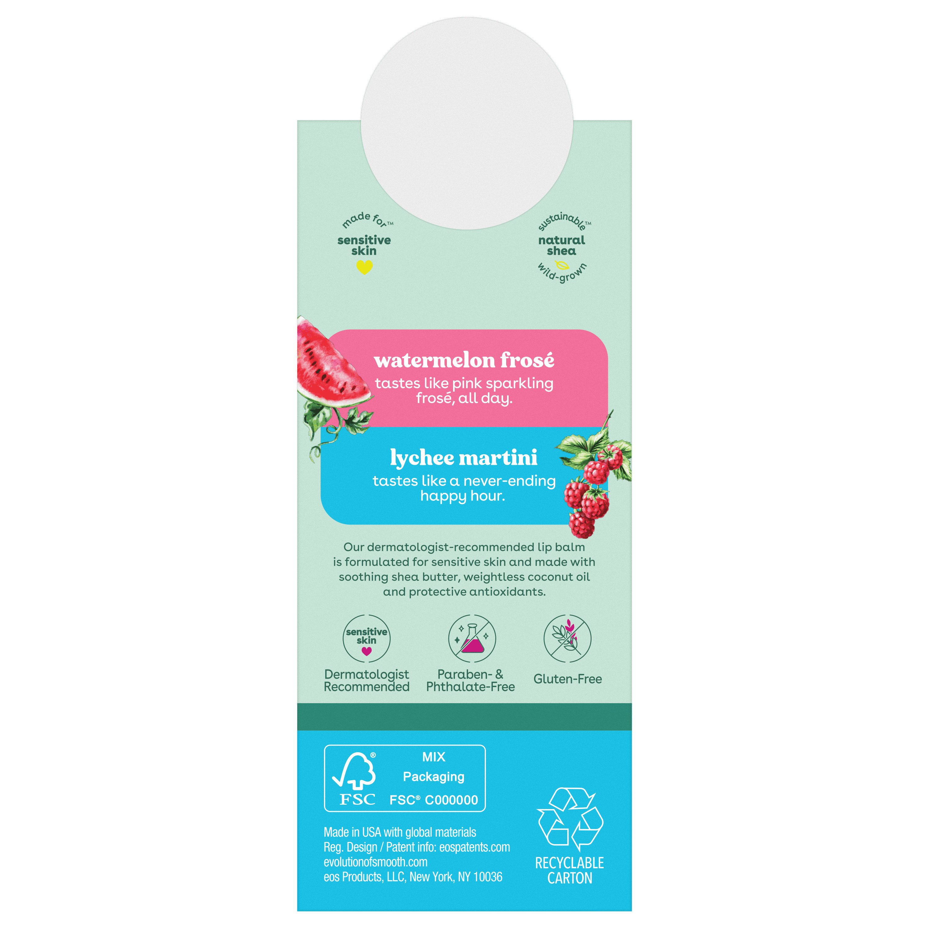 100% Natural Lip Balm- Watermelon Frosé & Lychee Martini, 2-Pack, 0.14 Oz