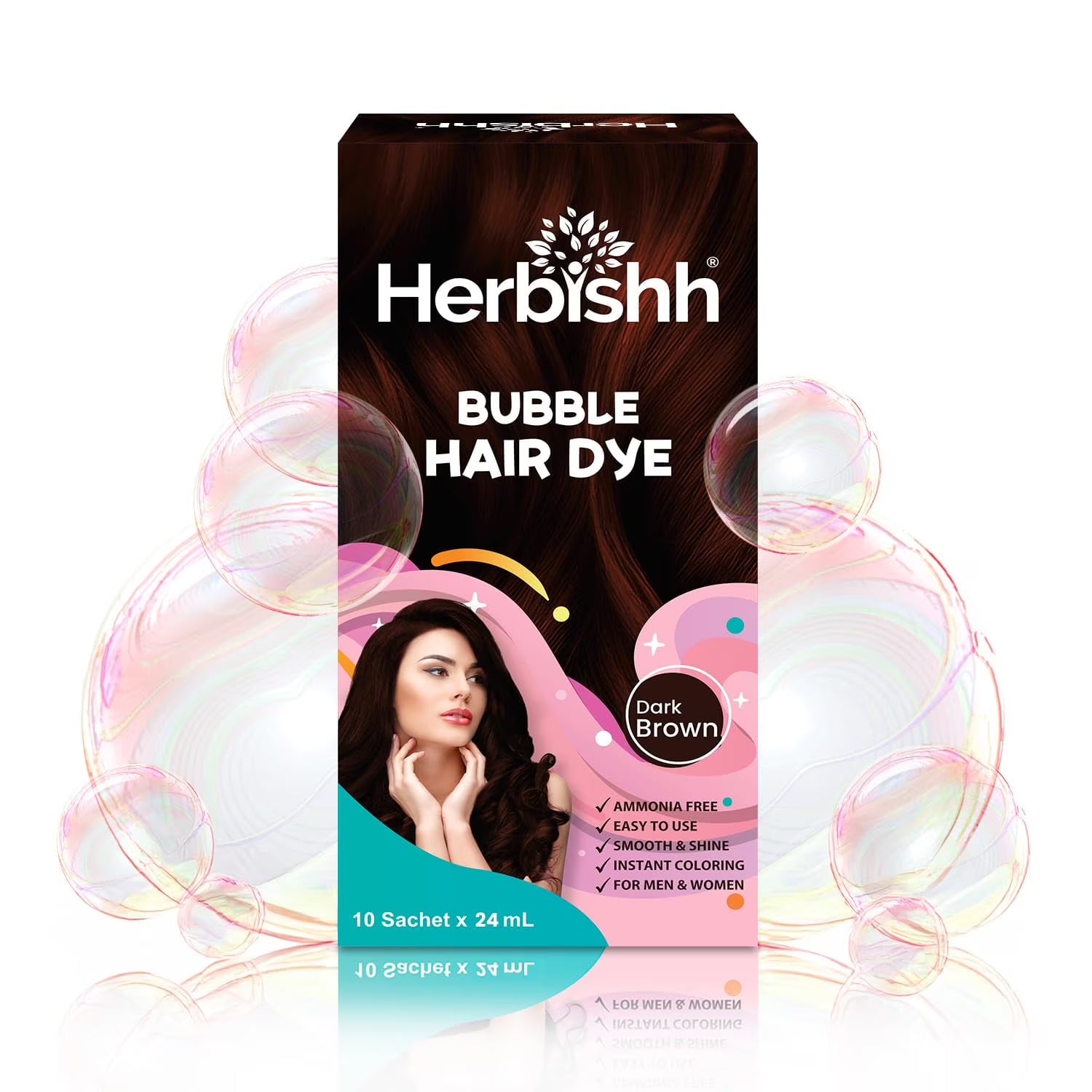 3-In-1 Bubble Foam Hair Dye Shampoo, Dark Brown, 10 Sachets X 24Ml, Ammonia-Free, Long-Lasting Color for Men & Women