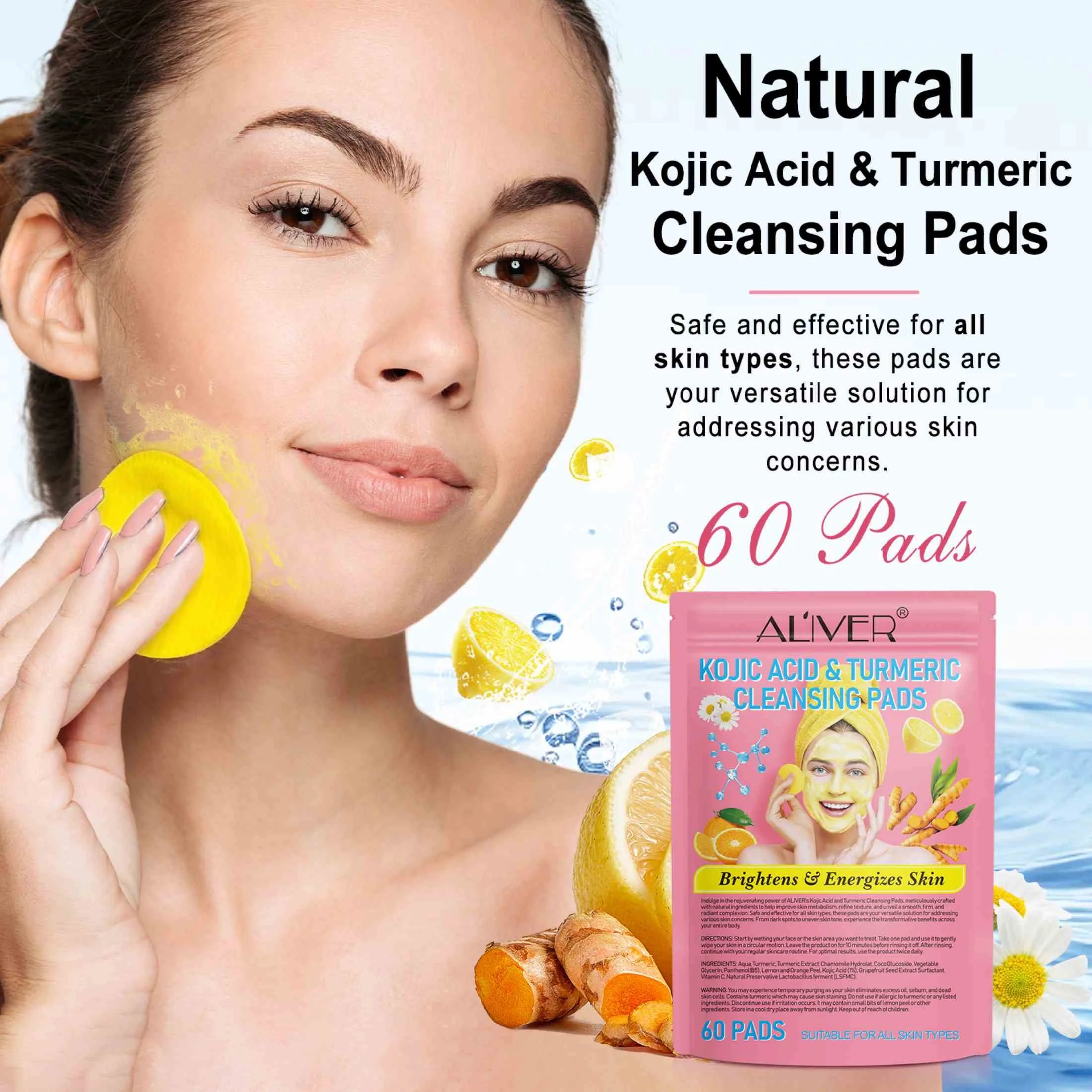 60PCS Turmeric Kojic Acid Cleansing Pads, Face Skin Care, Remove Oil, Exfoliation,For All Skin Type.