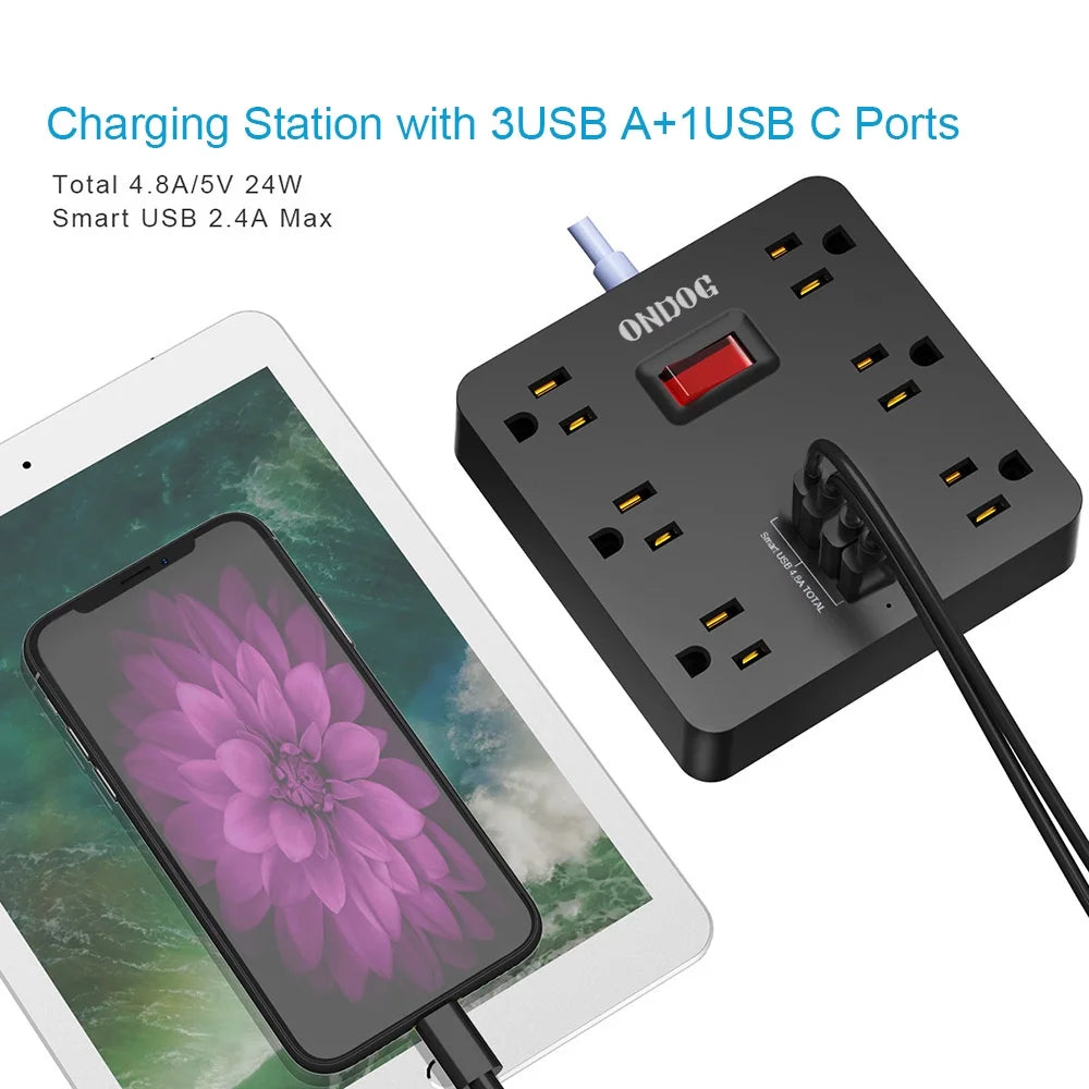 5Ft Extension Cord - 6 AC Outlets and 4 USB Charging Ports, Power Strip for Home