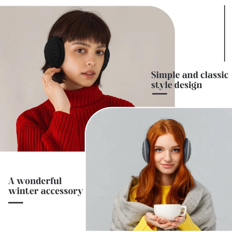 2 Pacs Winter Earmuffs for Women Men, Foldable Warm Cable Knit Fleece Ear Muffs