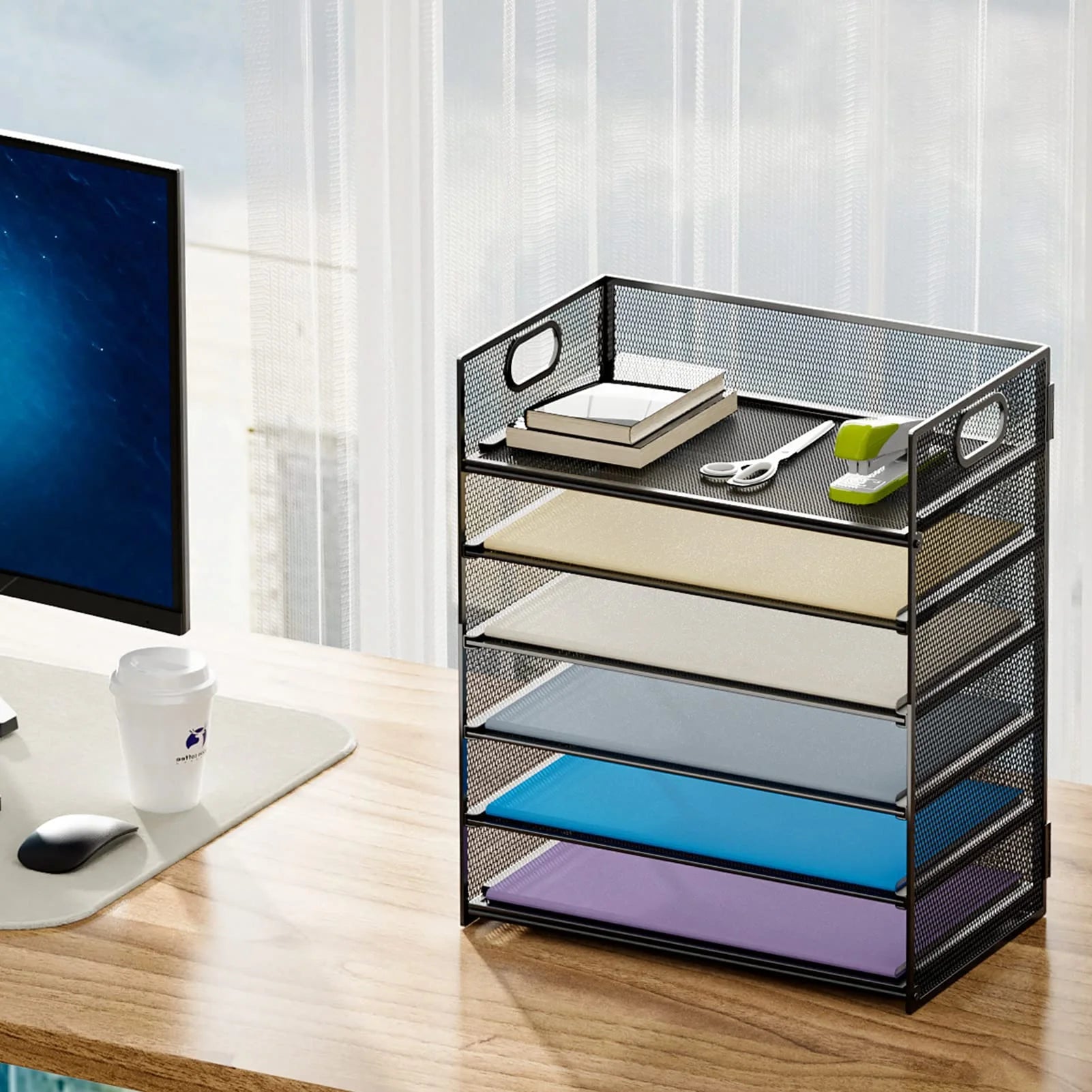 6 Tier Mesh File Organization with Handle,Paper Letter Tray Organizer , Paper Sorter Organizer for Letter/A4 Office Desktop Organization