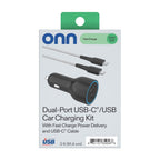 Onn 32W Dual USB-C and USB-A Port Car Charger with 3Ft C-C Cable ,USB-IF Certified, Black - Compatible with Iphone 17/16/15 Series, Samsung Galaxy, Note, Pixel Devices Ipad Pro, & More