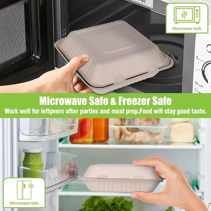 100Pack Compostable Take Out Container 10X10, Disposable to Go Food Boxes with 3