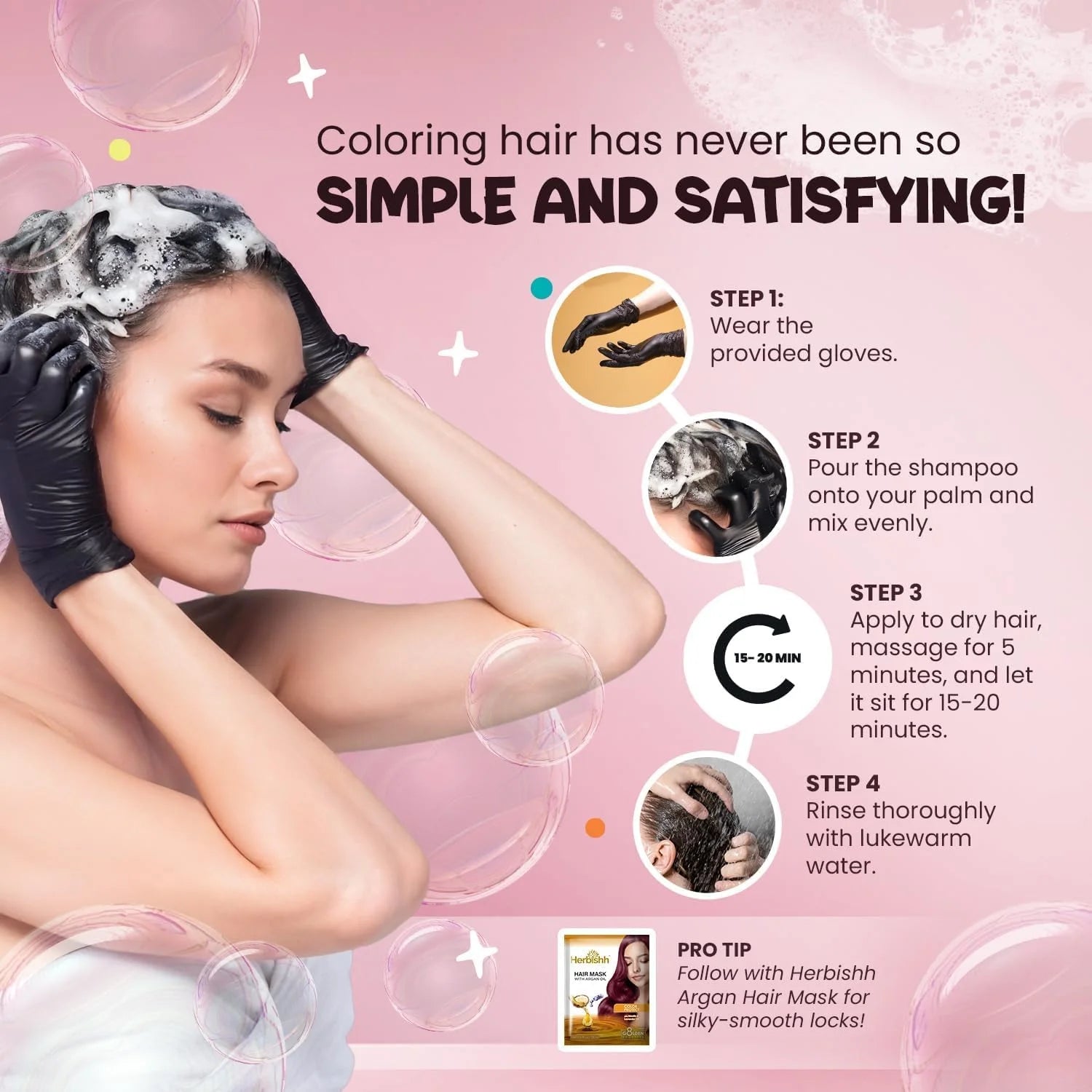 3-In-1 Bubble Foam Hair Dye Shampoo, Dark Brown, 10 Sachets X 24Ml, Ammonia-Free, Long-Lasting Color for Men & Women