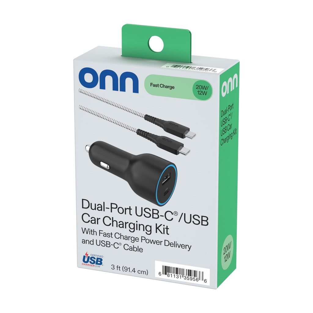 Onn 32W Dual USB-C and USB-A Port Car Charger with 3Ft C-C Cable ,USB-IF Certified, Black - Compatible with Iphone 17/16/15 Series, Samsung Galaxy, Note, Pixel Devices Ipad Pro, & More