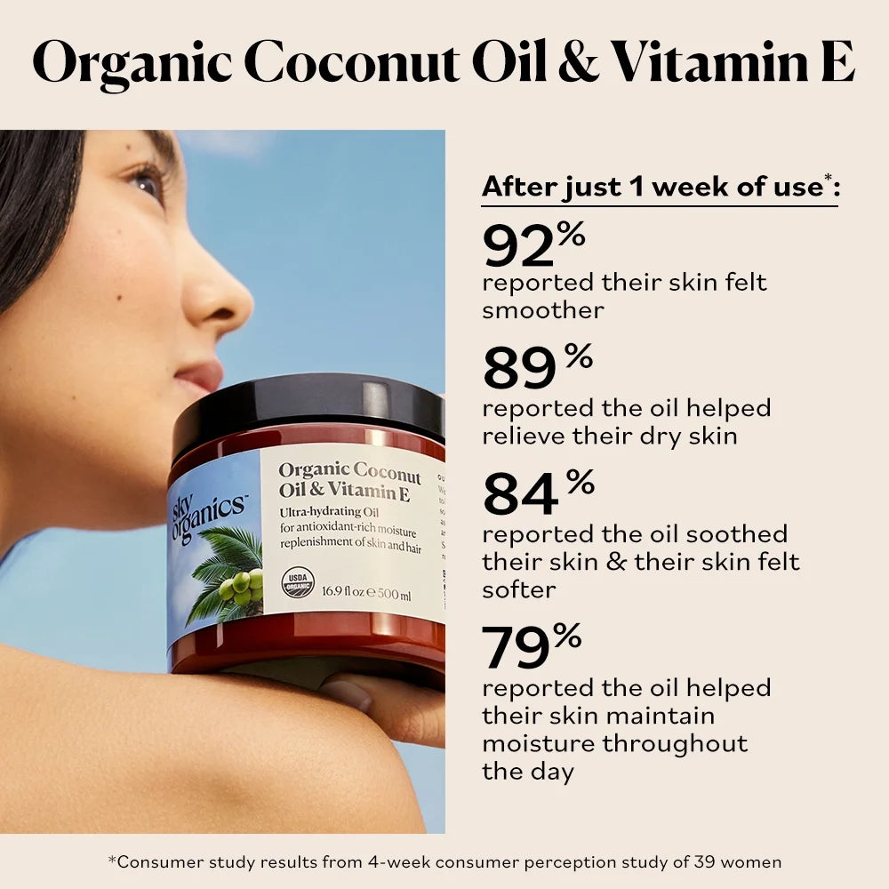 Sky Organics Organic Coconut Oil & Vitamin E Ultra-Hydrating Oil for Hair + Skin, 16.9 Fl Oz