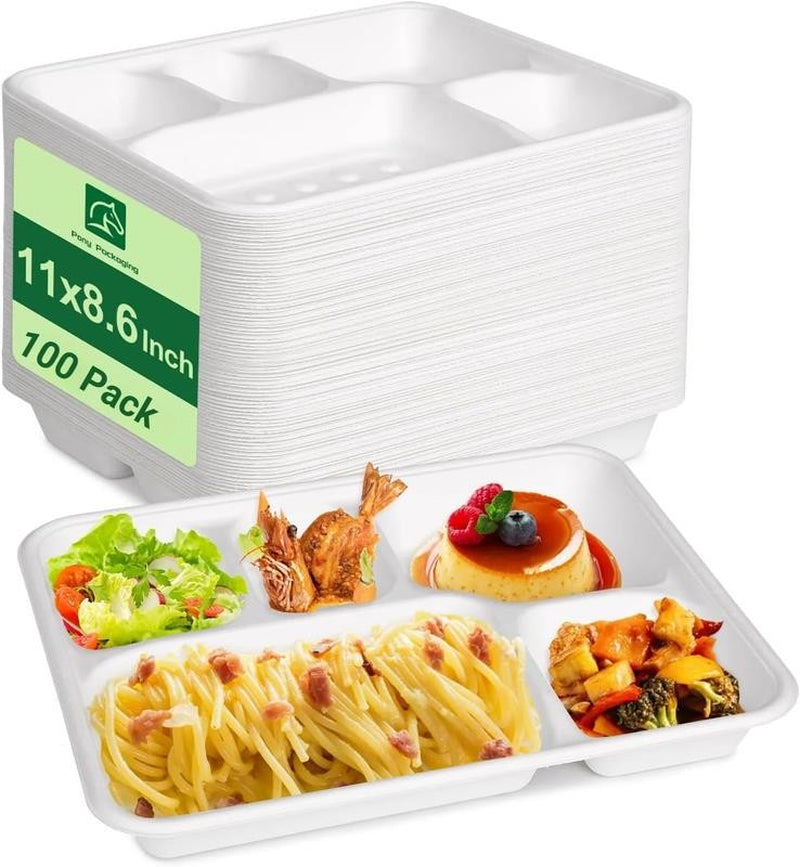 100 Pack Disposable Compartment Paper Plates, 100% Compostable 5 Compartment Pla