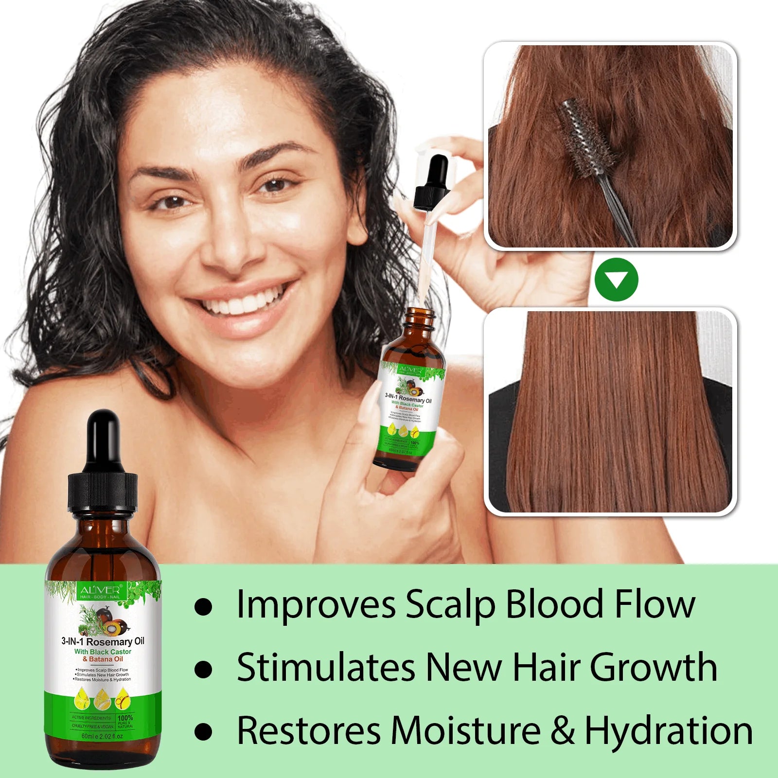 3-IN-1 Rosemary Oil with Black Castor & Batana Oil, 100% Pure & Natural, Hair Care & Skin Care, Organic Cold-Pressed, Cruelty-Free & Vegan, 2.02 Fl Oz