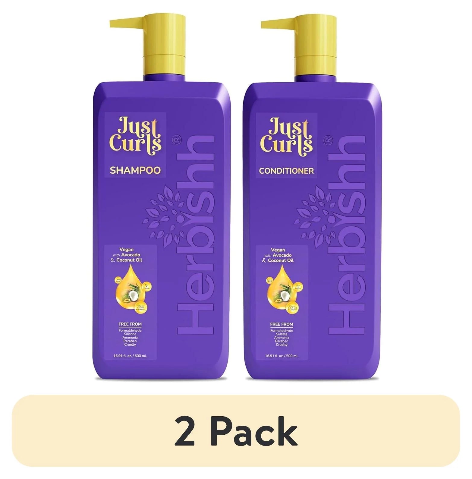 (2 Pack)  Just Curls Coconut & Avocado Oil Infused Curly Hair Shampoo and Conditioner Set, Sulfate-Free Vegan Kit for Curly Hair Care Women & Men Wavy, Curly Hair Products for Nourished Smooth Hair