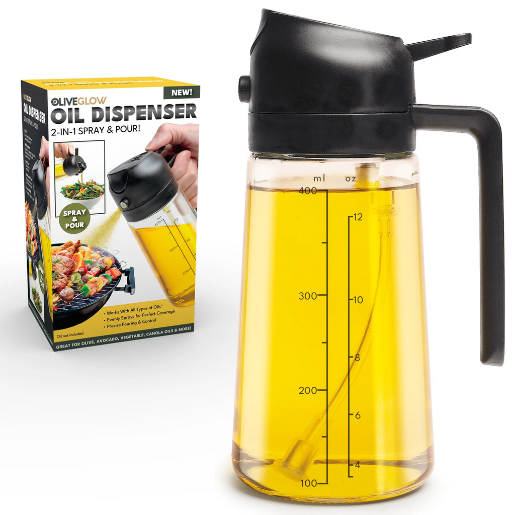 2-In-1 Oil Spray & Pour Dispenser, Leakproof and Refillable Glass Bottle for Coo