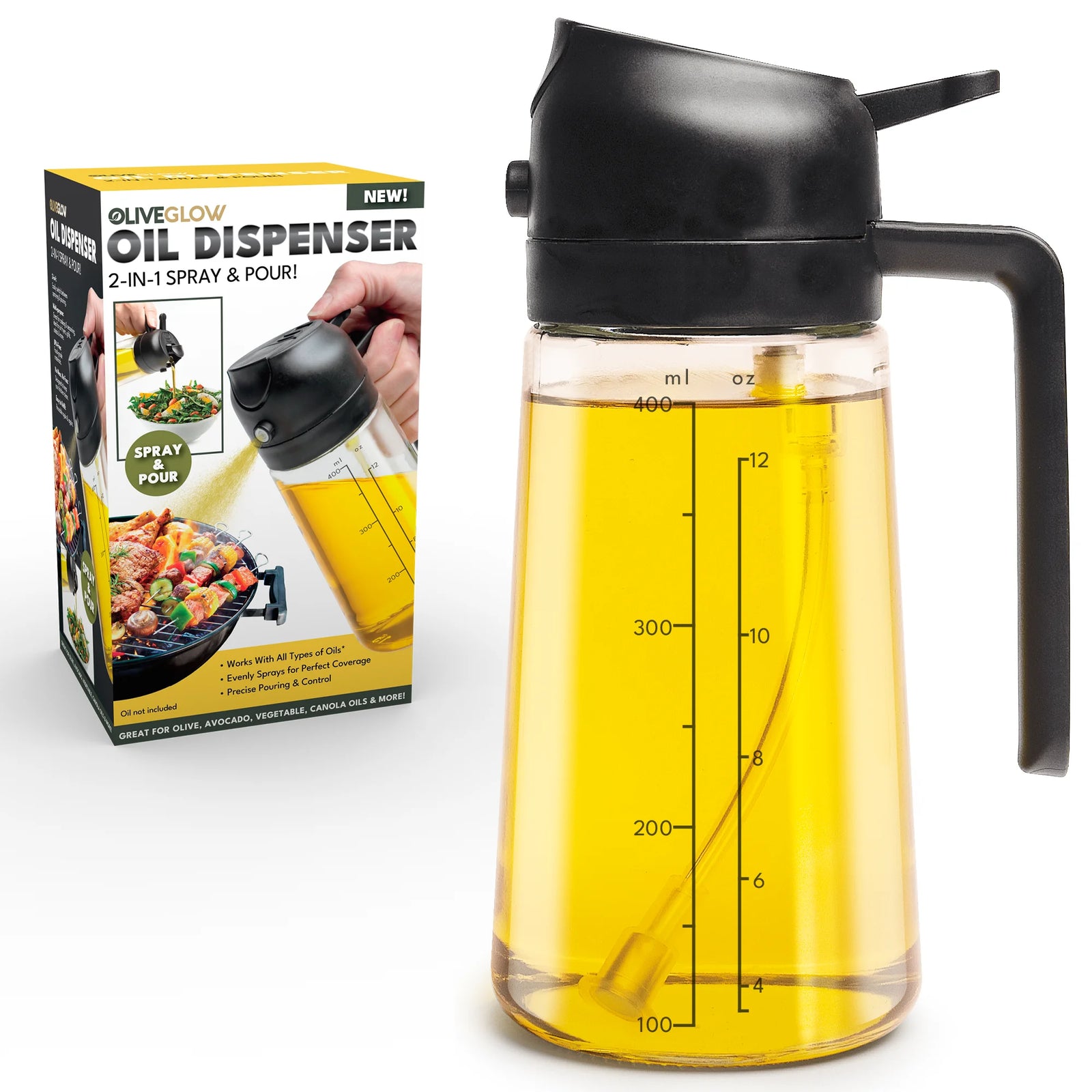 2-In-1 Oil Spray & Pour Dispenser, Leakproof and Refillable Glass Bottle for Coo