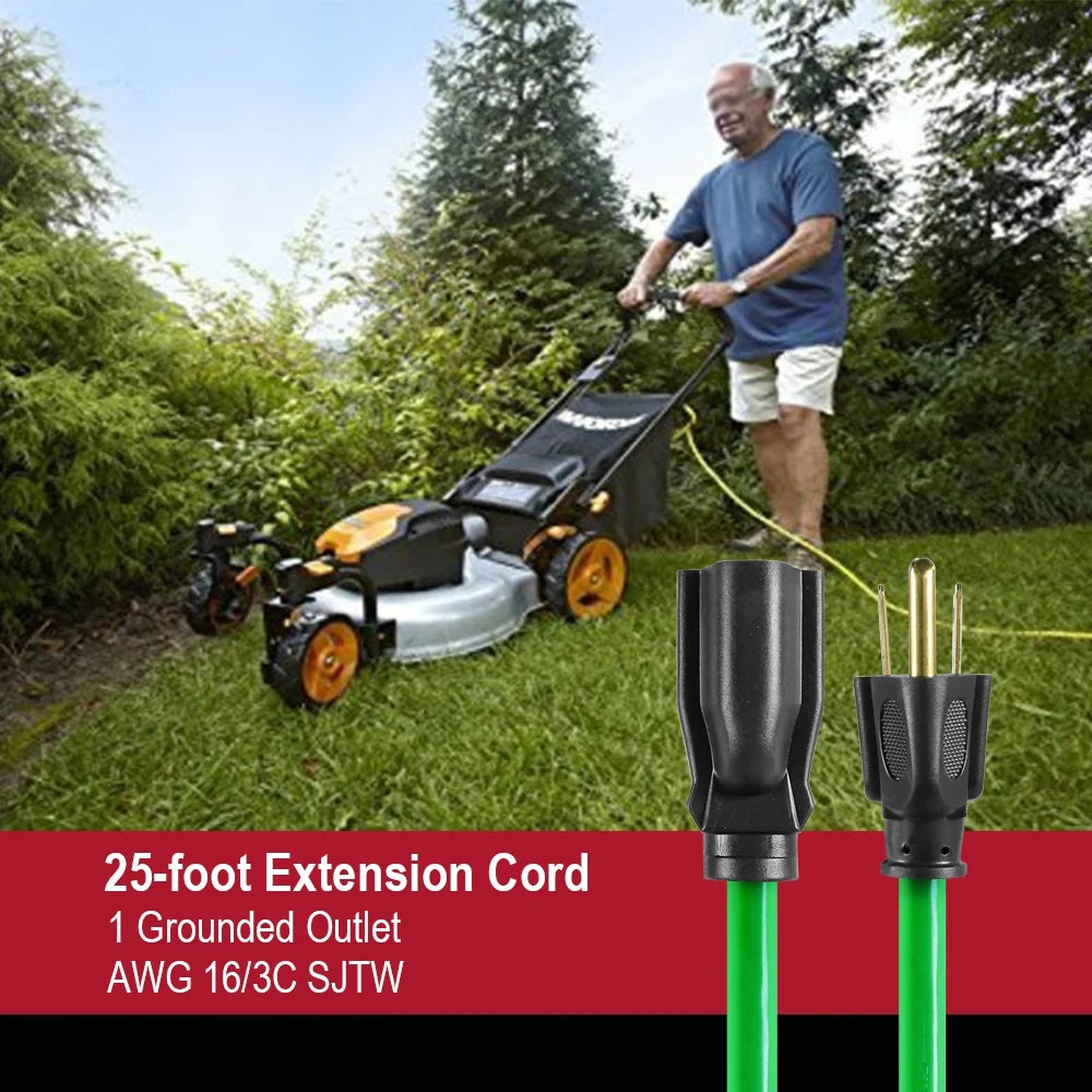 25FT 16AWG 3 Prong Hi-Vis Green Single Outlet Outdoor Extension Cord, 125V, 13A
