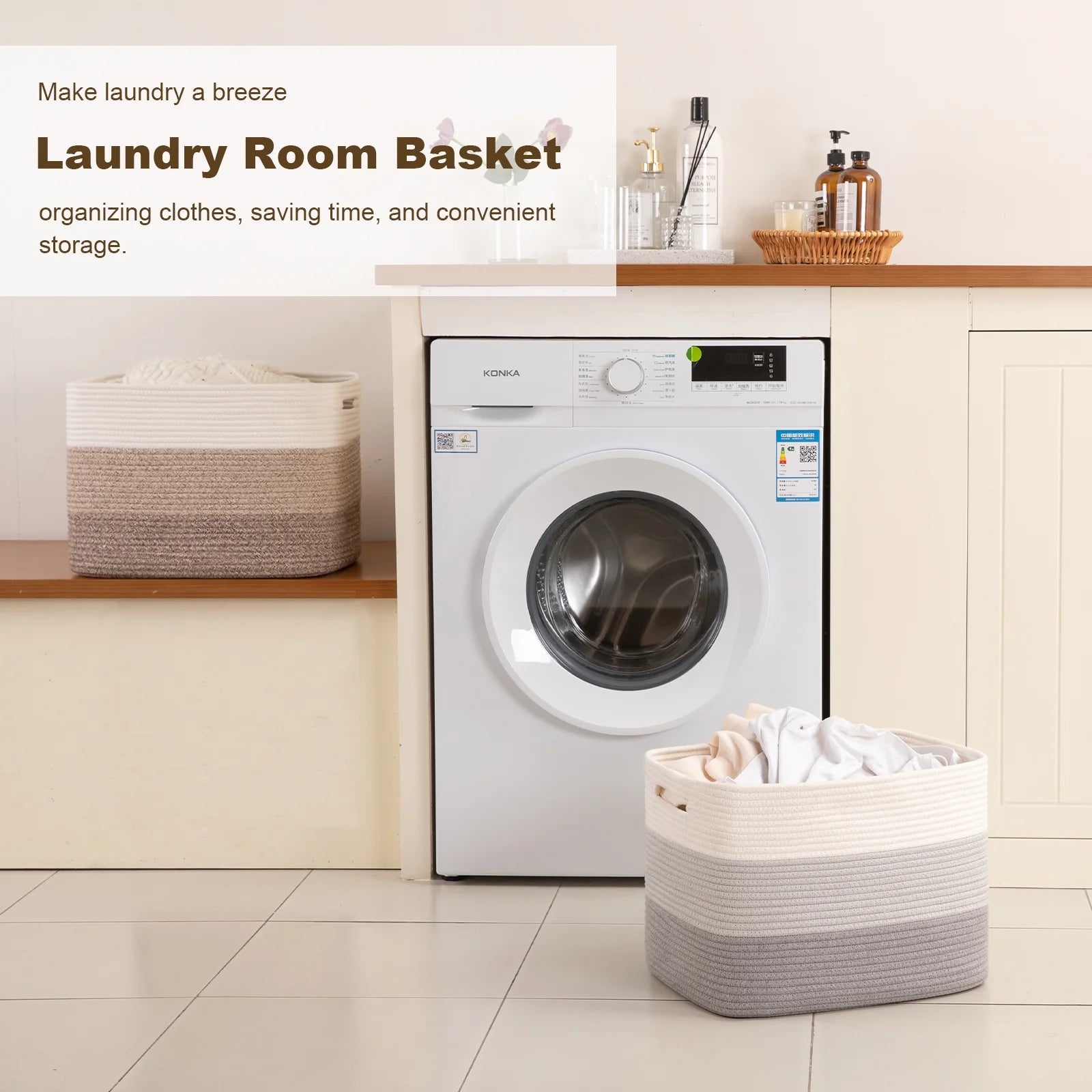 42L Cotton Rope Storage Basket with Handles，Rectan