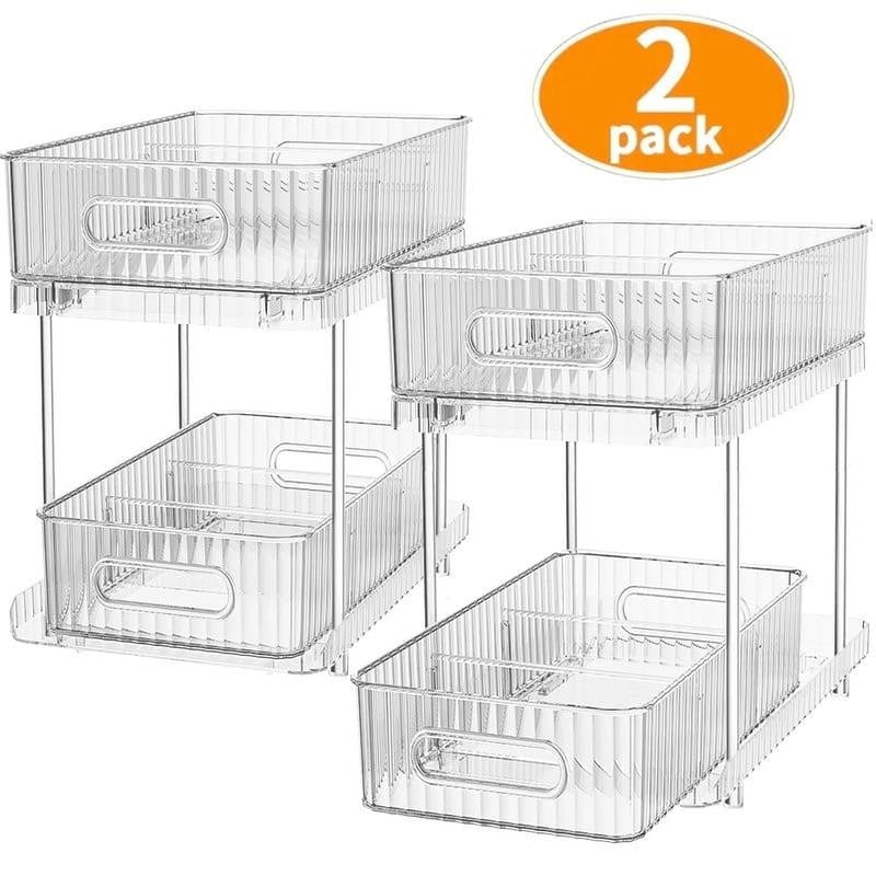 2 Pack Pull Out Bathroom Cabinet under Sink Organizers and Storage, 2 Tier Clear