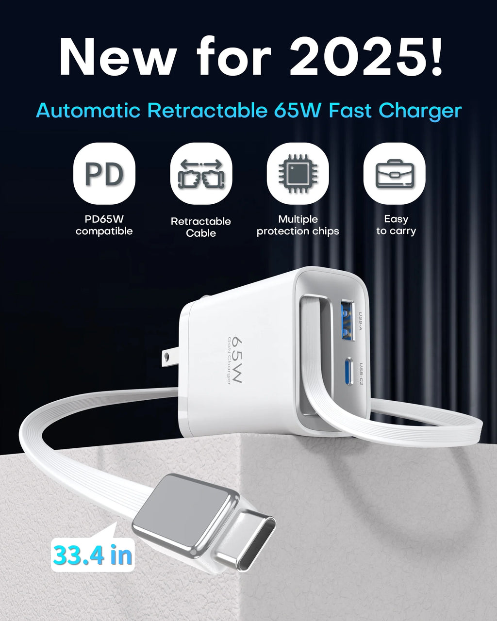65W Gan Charger with Built-In 3.5Ft Retractable Cable, 3-Port PD Fast Charging Compatible with Iphone/Samsung Series -White
