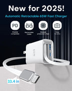 65W Gan Charger with Built-In 3.5Ft Retractable Cable, 3-Port PD Fast Charging Compatible with Iphone/Samsung Series -White