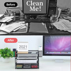 4-Tier Desk Organizer with Drawer – Multi-Functional Desktop File Holder with Pen & Pencil Cup, Letter Tray Organizer for Office Supplies, Black Metal File Organizer for Home and Office