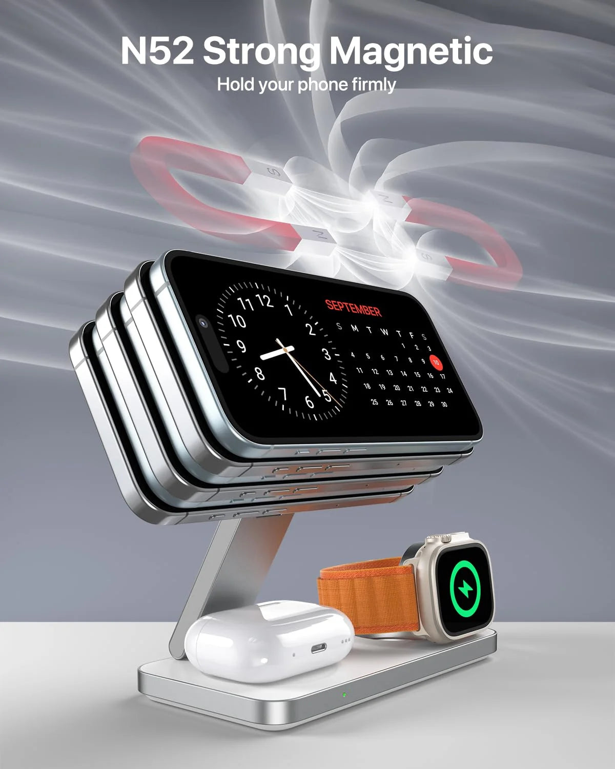 3-In-1 Magnetic Foldable Wireless Charging Station - Fast Charging Compatible with Magsafe (Iphone 16/15/14/13/12), Apple Watch 4 5 6 7 8 9 10 Se/Ultra & Airpods Pro/4/3/2