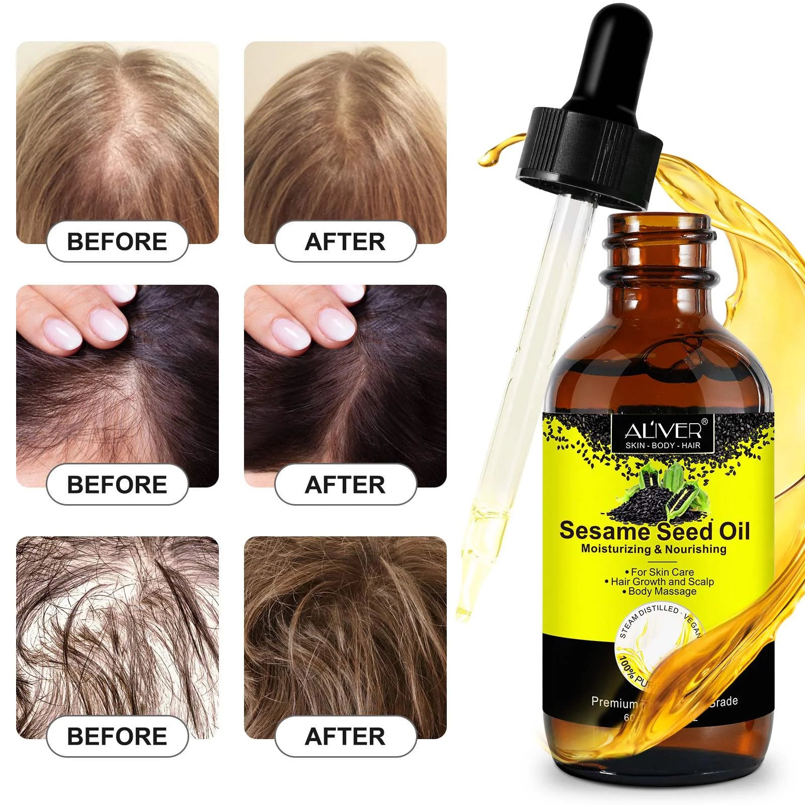 ALIVER Sesame Seed Oil for Face, Skin, Body, Hair, Massage, Moisturizing & Nourishing, 100% Pure & Natural, Cold Pressed, Cruelty Free, 2.02 Fl Oz