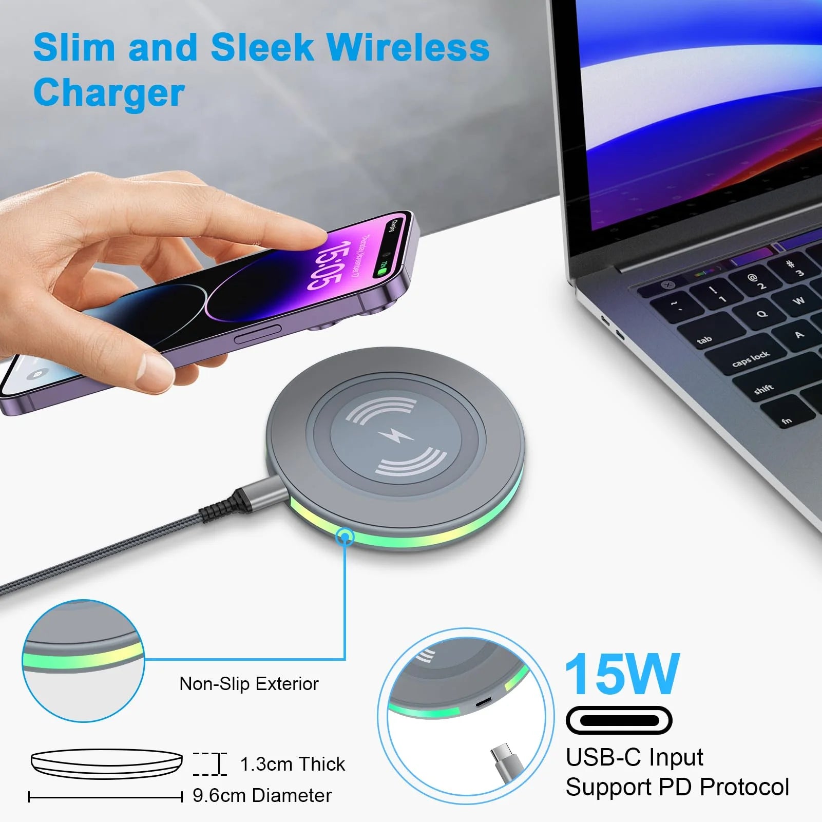 ABCPOW 15W Fast Wireless Charger Samsung Android Fast Charging Pad Qi-Certified Wireless Charger Mat Wireless Charger Station Compatible for Iphone 17 16 15 14 Samsung Galaxy S25 S24 S23 S22,Grey