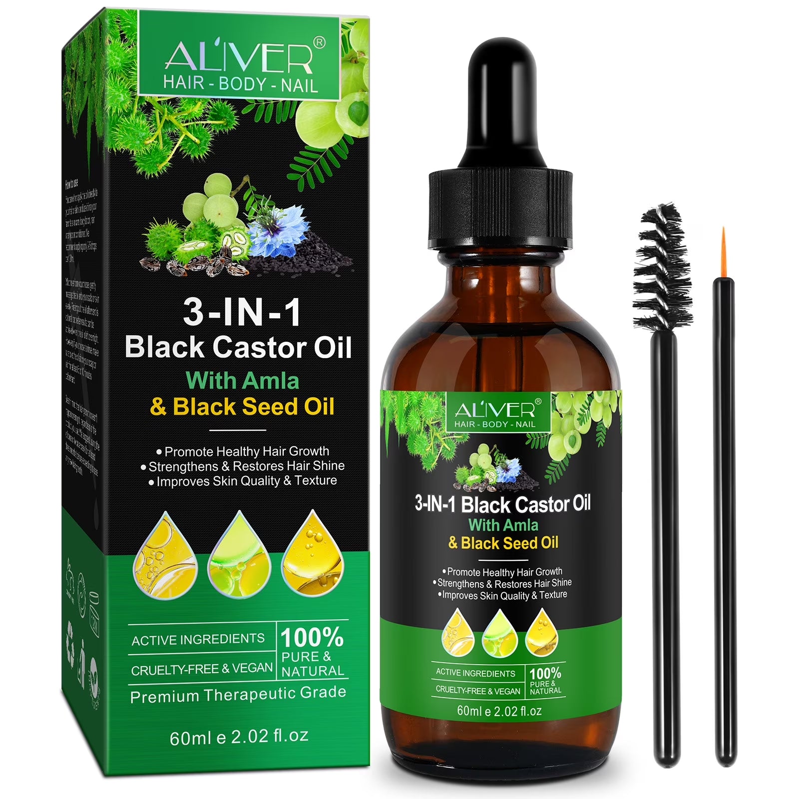 3-IN-1 Black Castor Oil with Amla & Black Seed Oil, 100% Pure & Natural, Hair Care & Skin Care, Organic Cold-Pressed, Cruelty-Free & Vegan, 2.02 Fl Oz