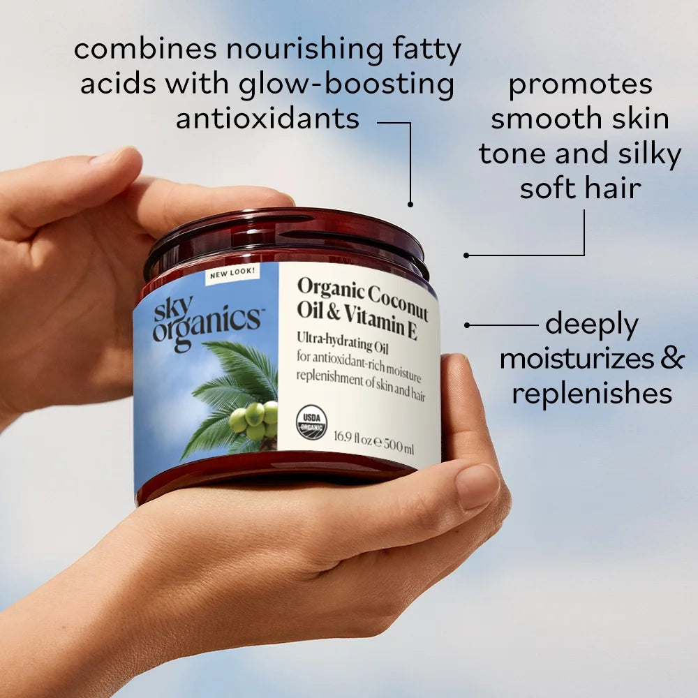 Sky Organics Organic Coconut Oil & Vitamin E Ultra-Hydrating Oil for Hair + Skin, 16.9 Fl Oz