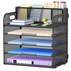 5-Tier Paper Letter Tray Organizer with Pen Holder, Mesh Desk Organizer with Handle
