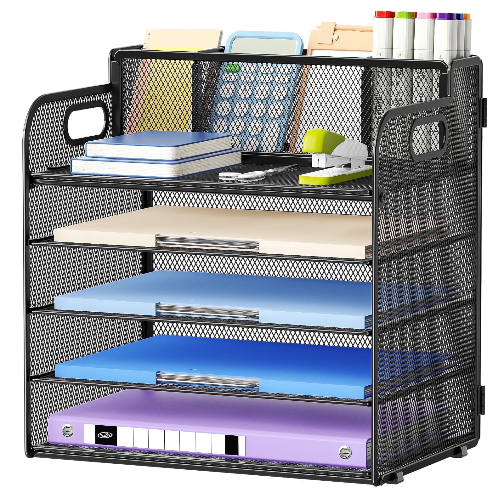 5-Tier Paper Letter Tray Organizer with Pen Holder, Mesh Desk Organizer with Handle