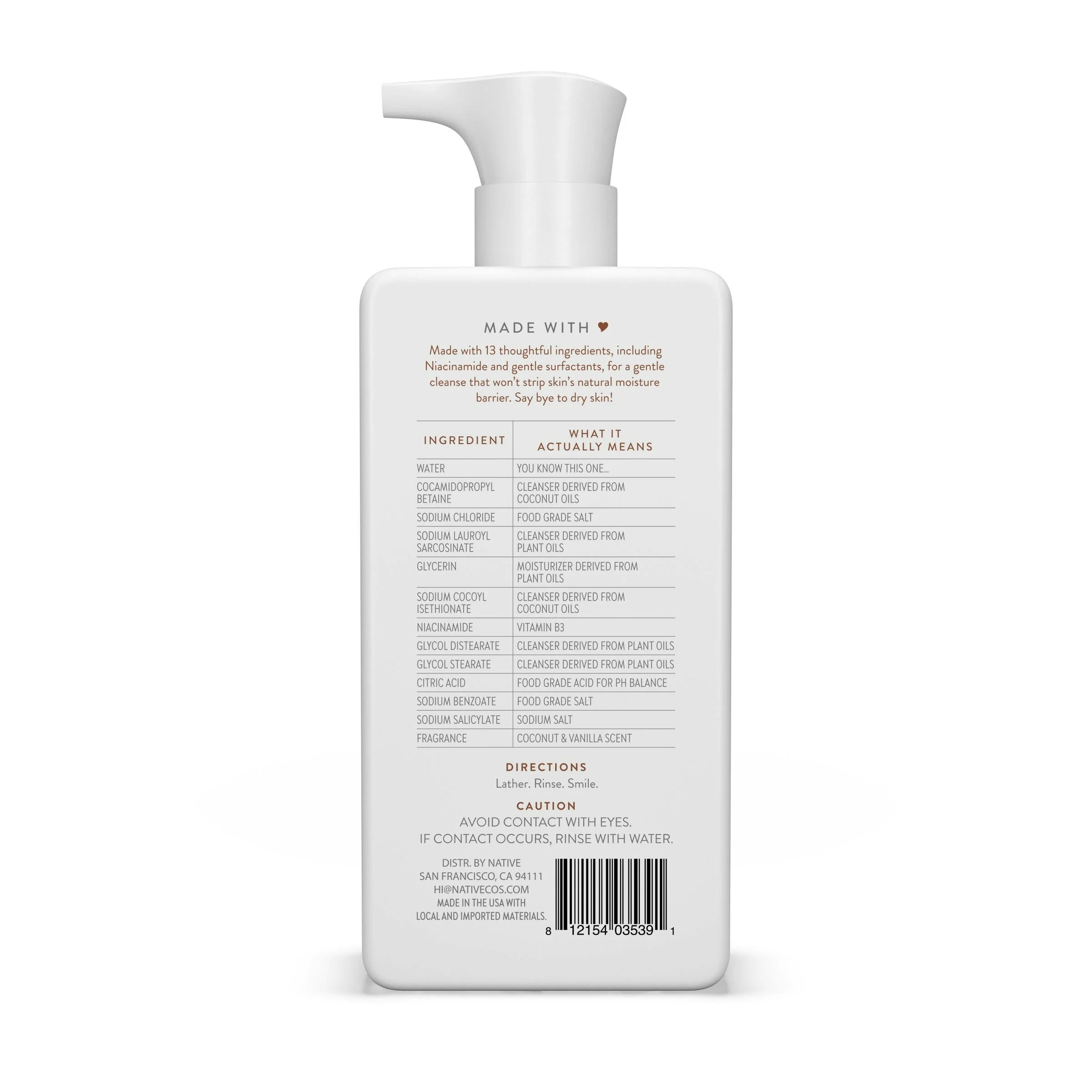 Native Moisturizing Facial Cleanser, Coconut & Vanilla, Sulfate Free, for All Skin Types, 12 Fl Oz