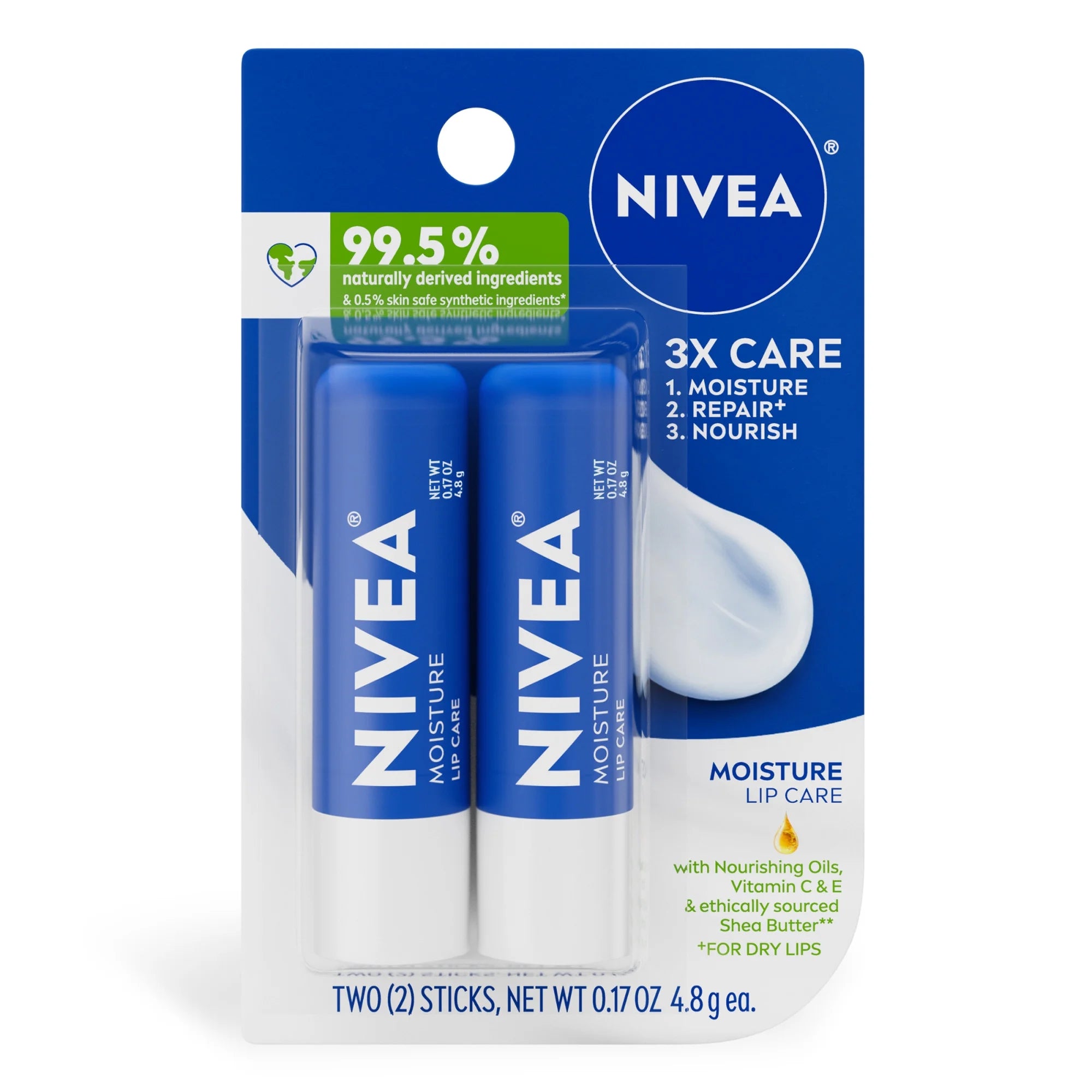 NIVEA Moisture Lip Care, Hydrating Lip Balm with Shea Butter, Vitamin C & E, 0.17 Oz, 2 Pack
